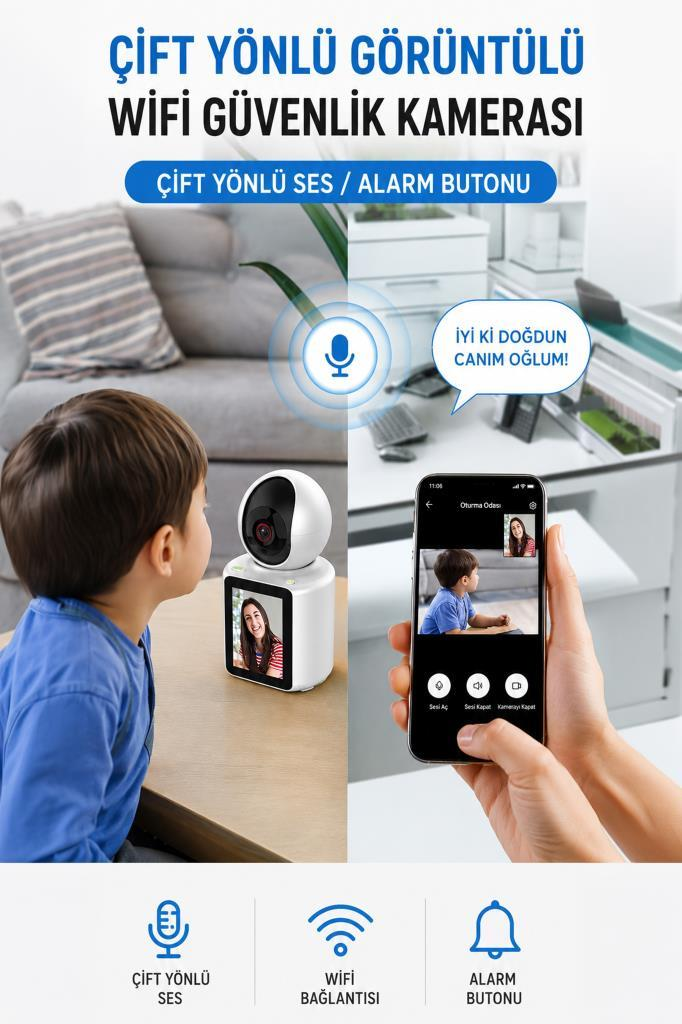 Bir çocuk beyaz güvenlik kamerasına bakıyor. Bir el canlı video gösteren akıllı telefon tutuyor.