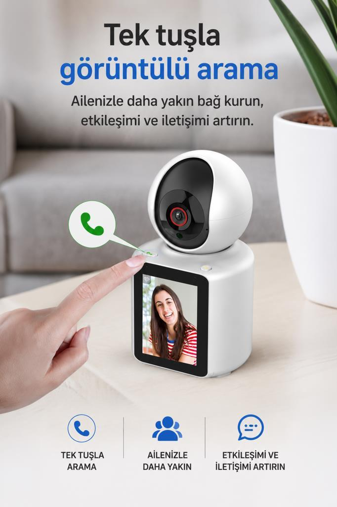 Bir parmak ekranlı güvenlik kamerasına dokunuyor. Yeşil telefon simgesi görünüyor.