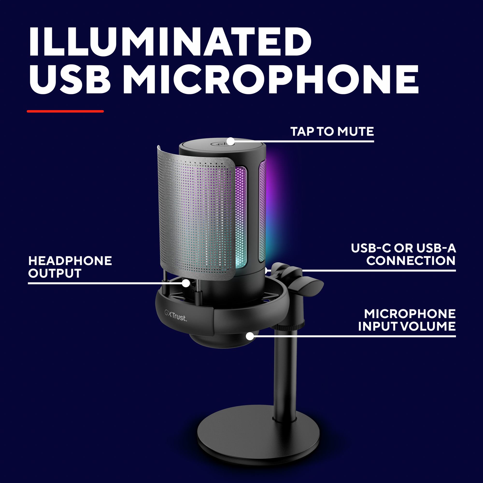 Microphone USB illuminé avec sortie casque et contrôle du volume.