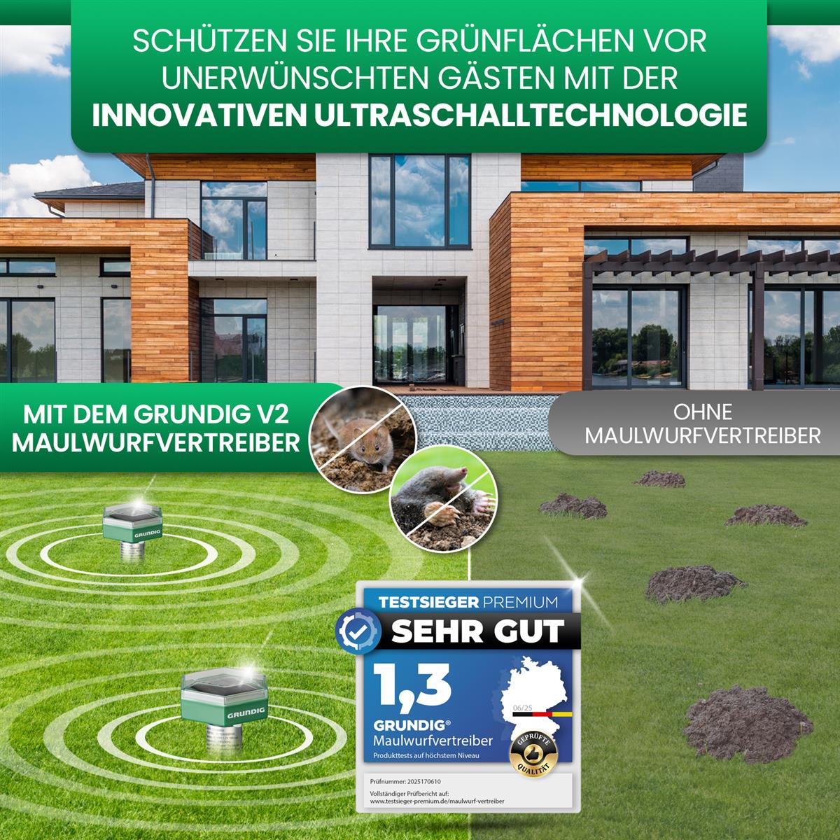 Moderne Villa mit Garten, Ultraschall-Mäuse- und Maulwurfvertreiber, und Testurteil.