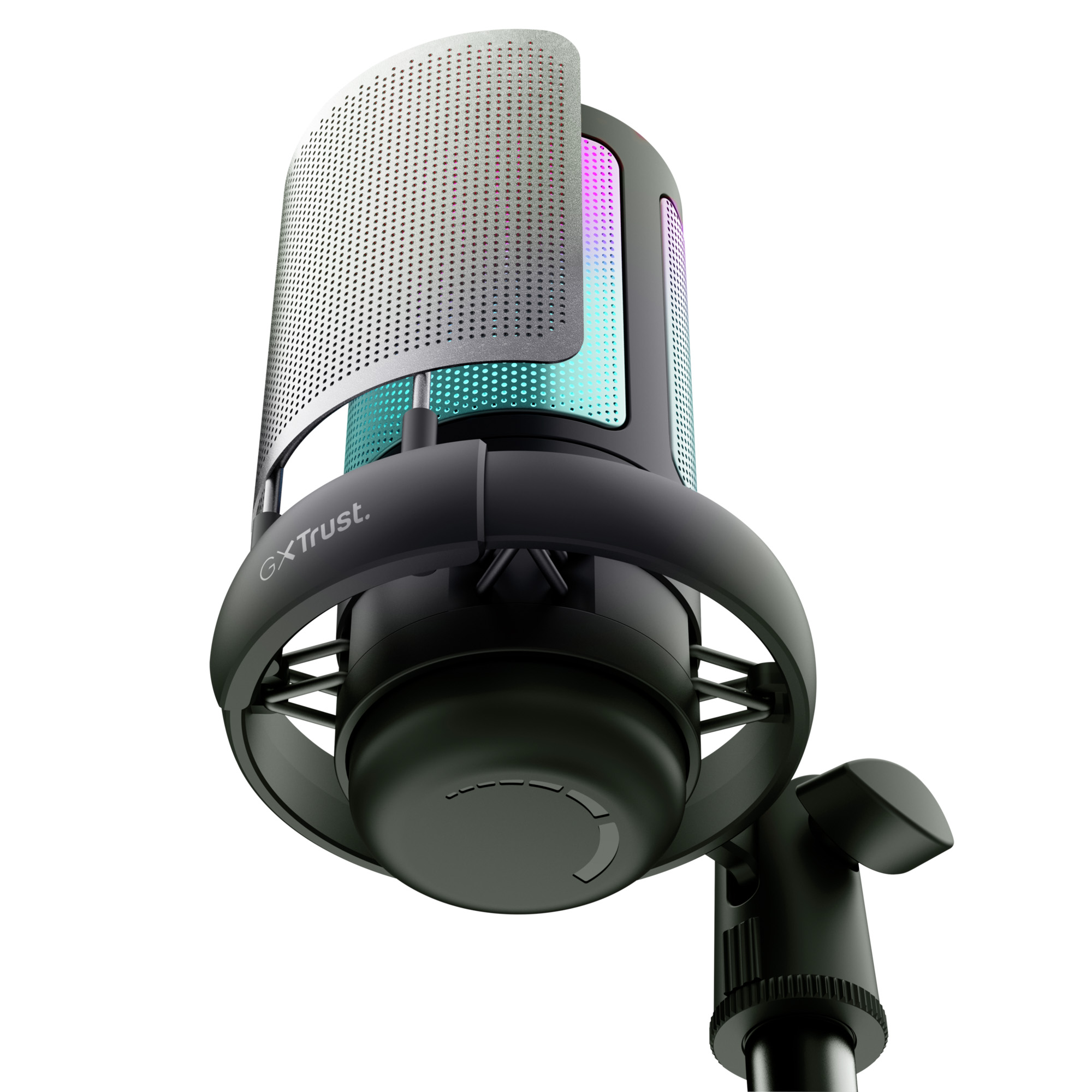 Microphone noir avec bouclier argenté perforé et lumières RVB colorées.