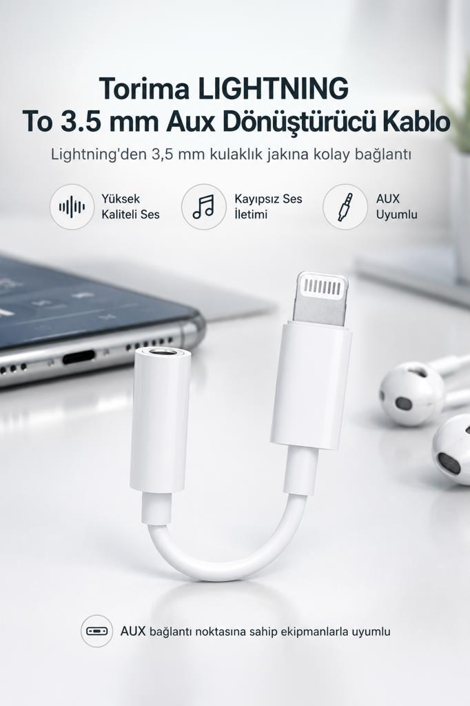 Kulaklık ve akıllı telefonla beyaz Lightning - 3,5 mm Aux adaptörü.