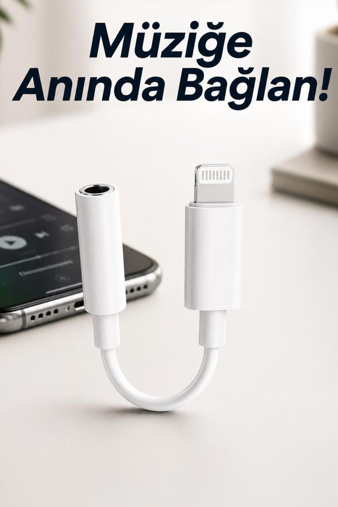 Beyaz bir lightning ses adaptörü ve bir akıllı telefon masada.