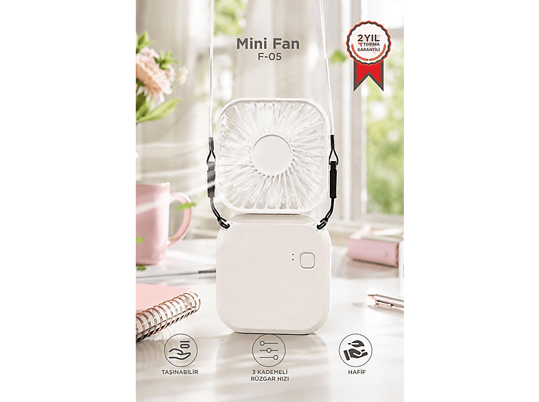 TORIMA F-05 Mini Fan Tutmalı 3 Kademeli Klima Soğutucu Fan Şarjlı El Vantilatörü Beyaz