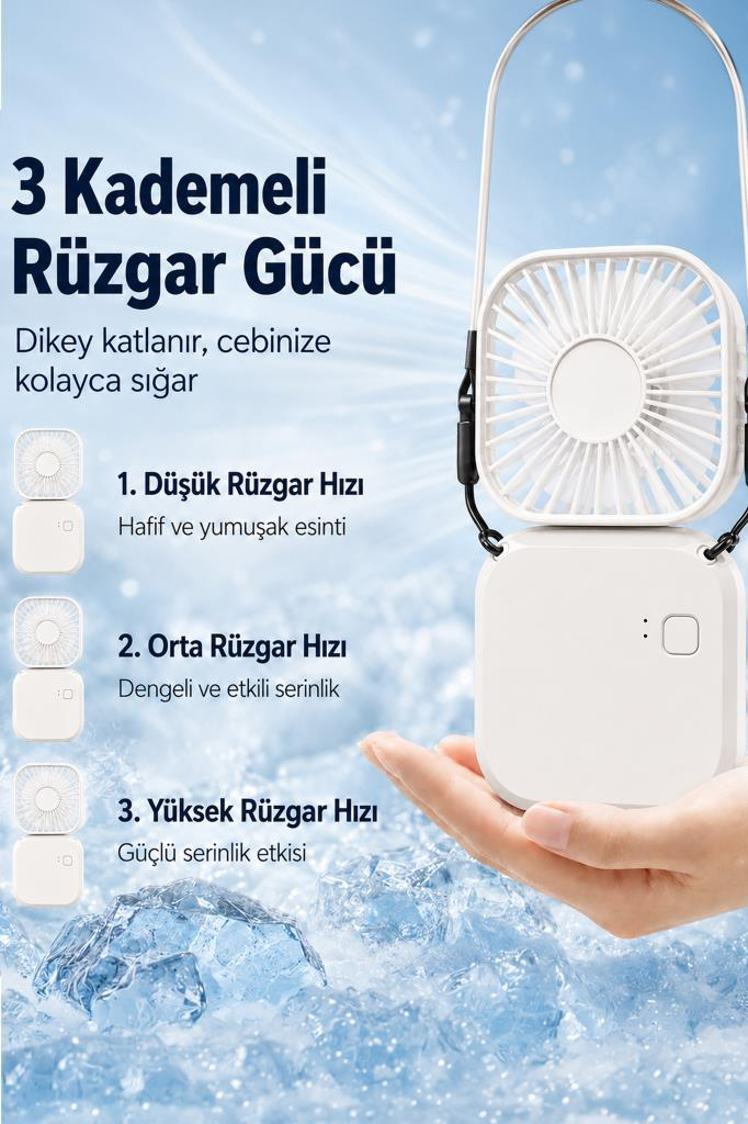 3 kademeli beyaz, katlanabilir mini fan elde tutuluyor.