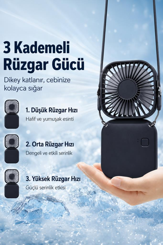 Koyu renkli, 3 kademeli, elde tutulan taşınabilir vantilatör, buzlu arka plan.