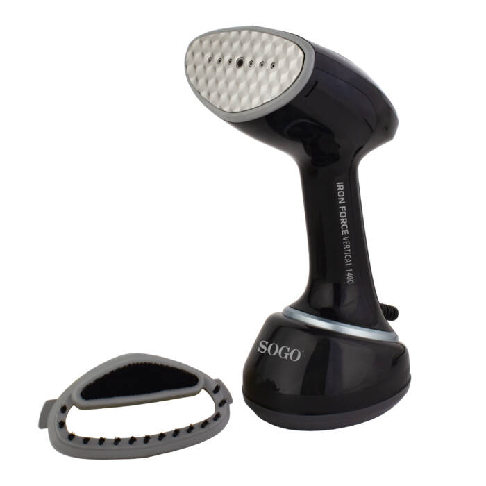 Un vaporizador de ropa negro de mano con accesorio de cepillo.