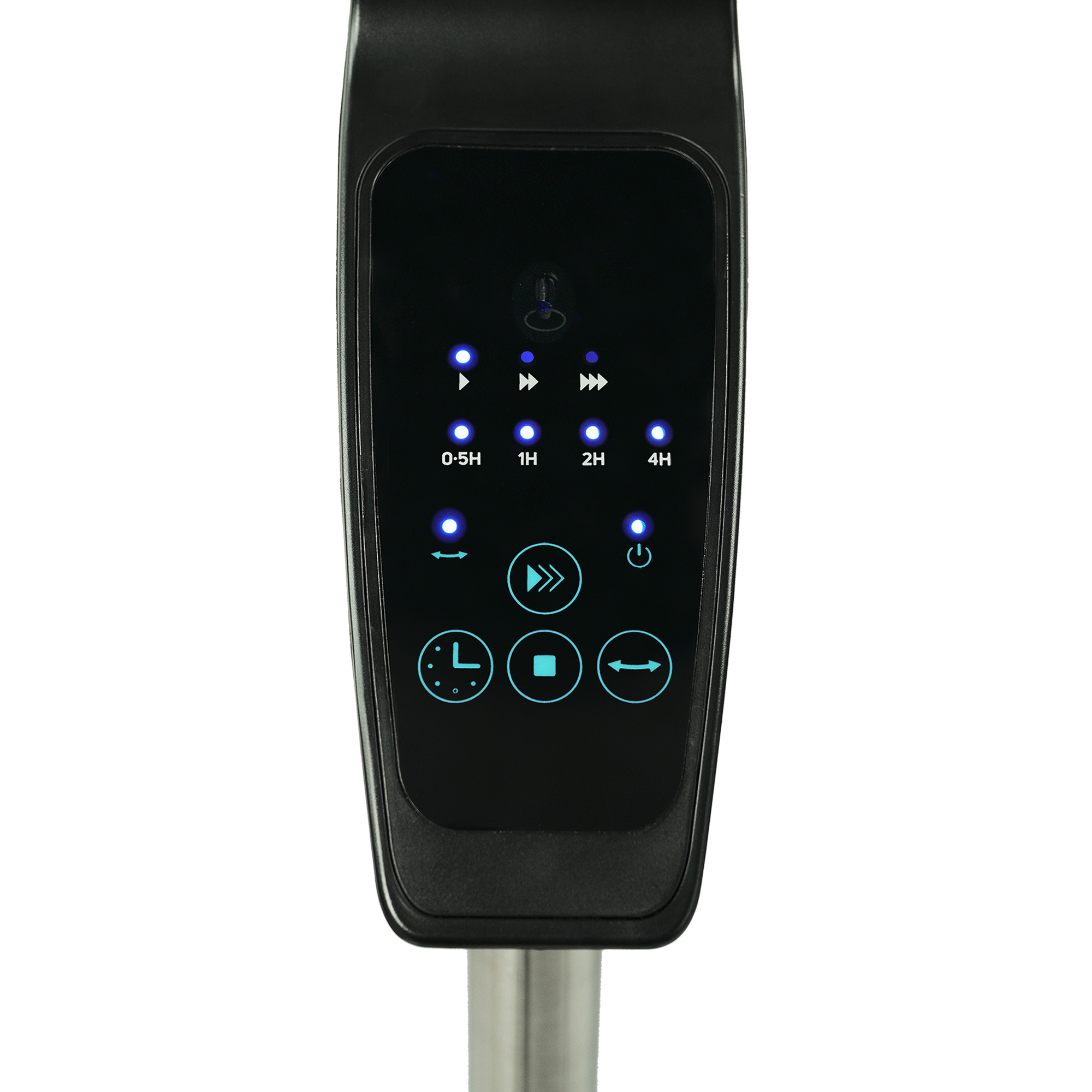 Pannello di controllo nero con spie blu e icone per timer, velocità e alimentazione.