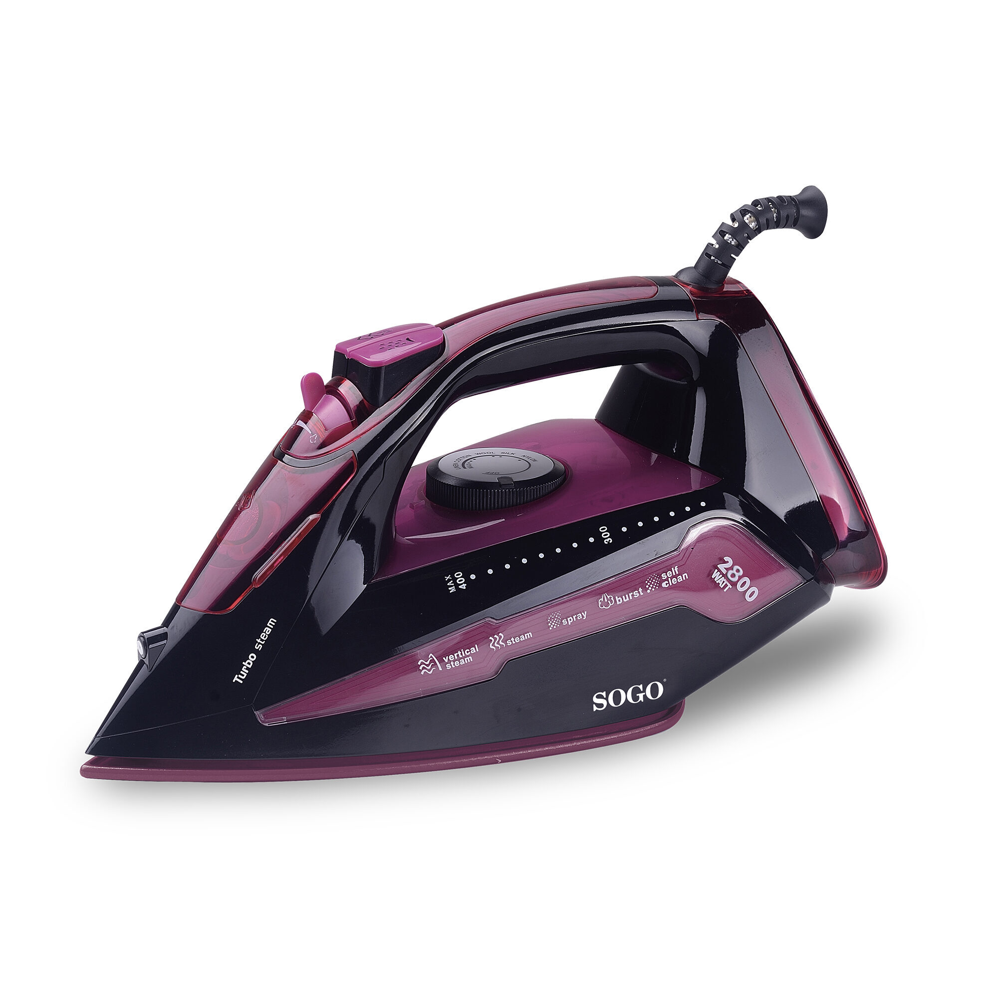 Un ferro da stiro a vapore Sogo viola e nero da 2800 watt.