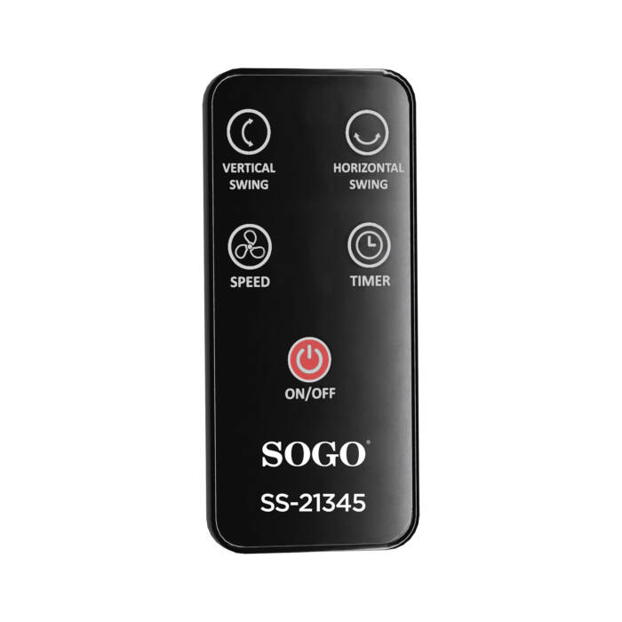 Telecomando SOGO nero con pulsanti per oscillazione verticale/orizzontale, velocità, timer e accensione/spegnimento.