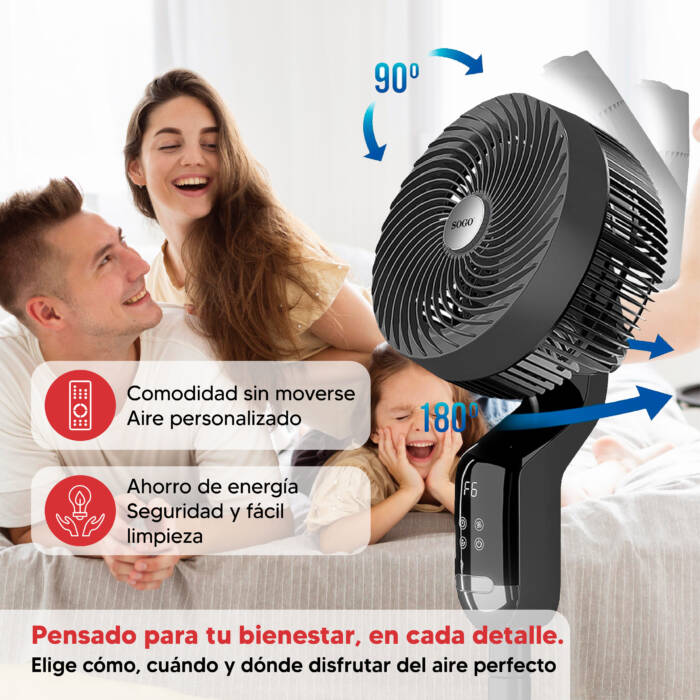 Un uomo, una donna e un bambino ridono accanto a un ventilatore rotante.