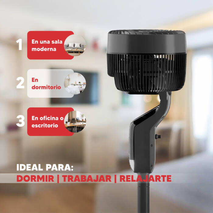 Un ventilatore nero su supporto, ideale per soggiorni, camere da letto e uffici.