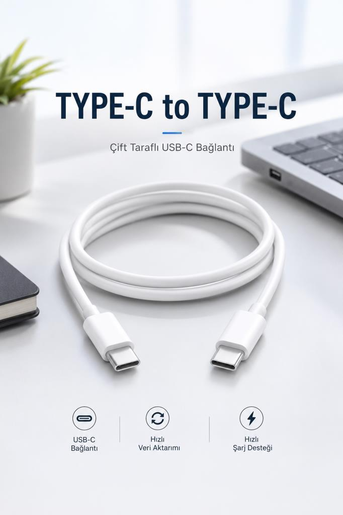 Beyaz bir USB-C - USB-C kablosu, dizüstü bilgisayarın yanında masada duruyor.