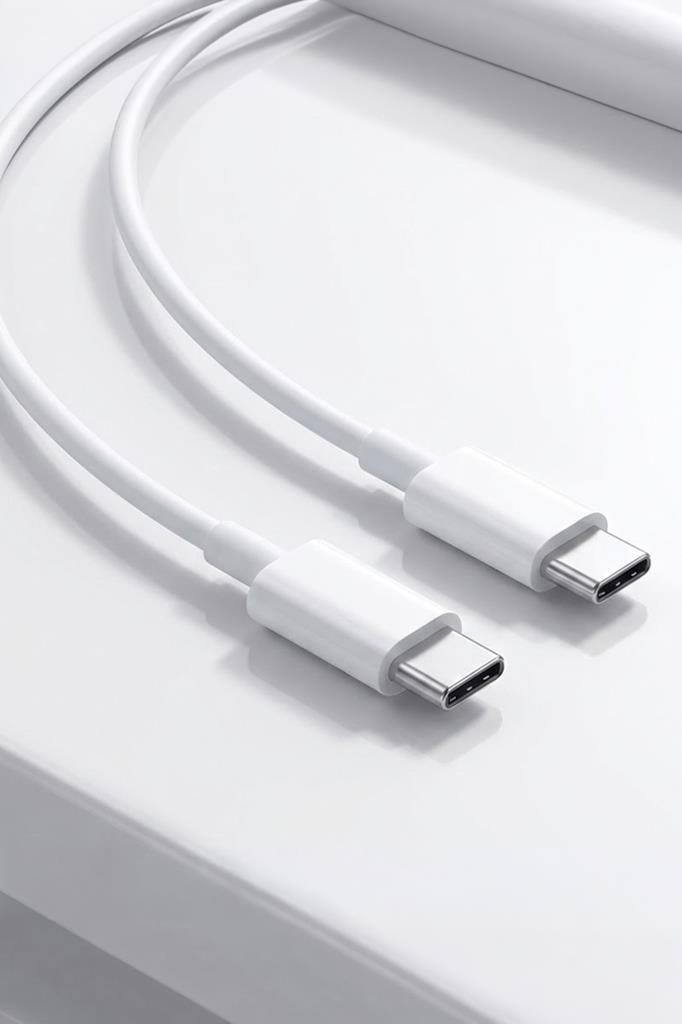 Gümüş konektörlü iki beyaz USB-C kablosu beyaz yüzeyde.