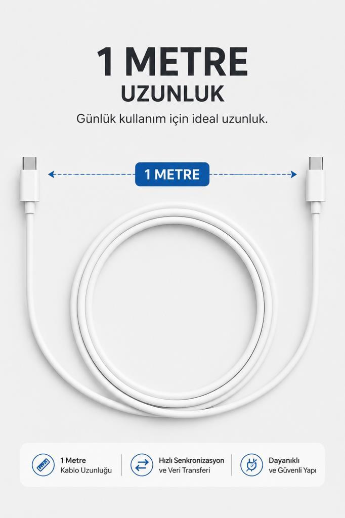 1 metre uzunluğunda beyaz USB-C kablo beyaz zeminde duruyor.