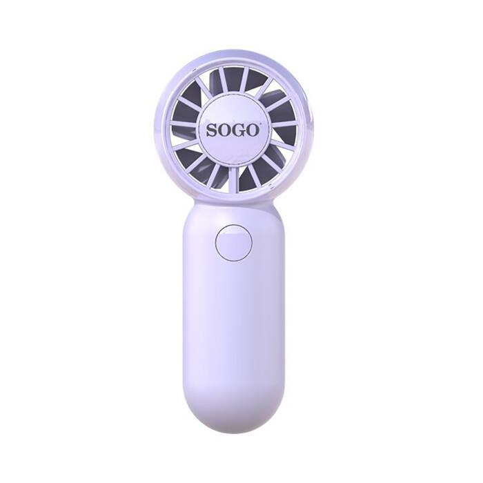 Un piccolo ventilatore portatile viola con il logo SOGO sulla griglia.