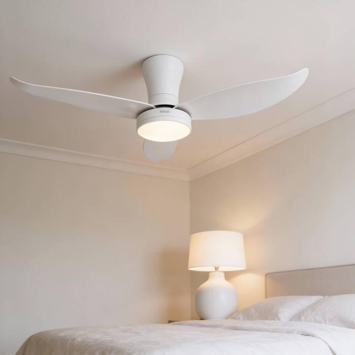Ventilatore da soffitto bianco con luce sopra un letto con lampada bianca.