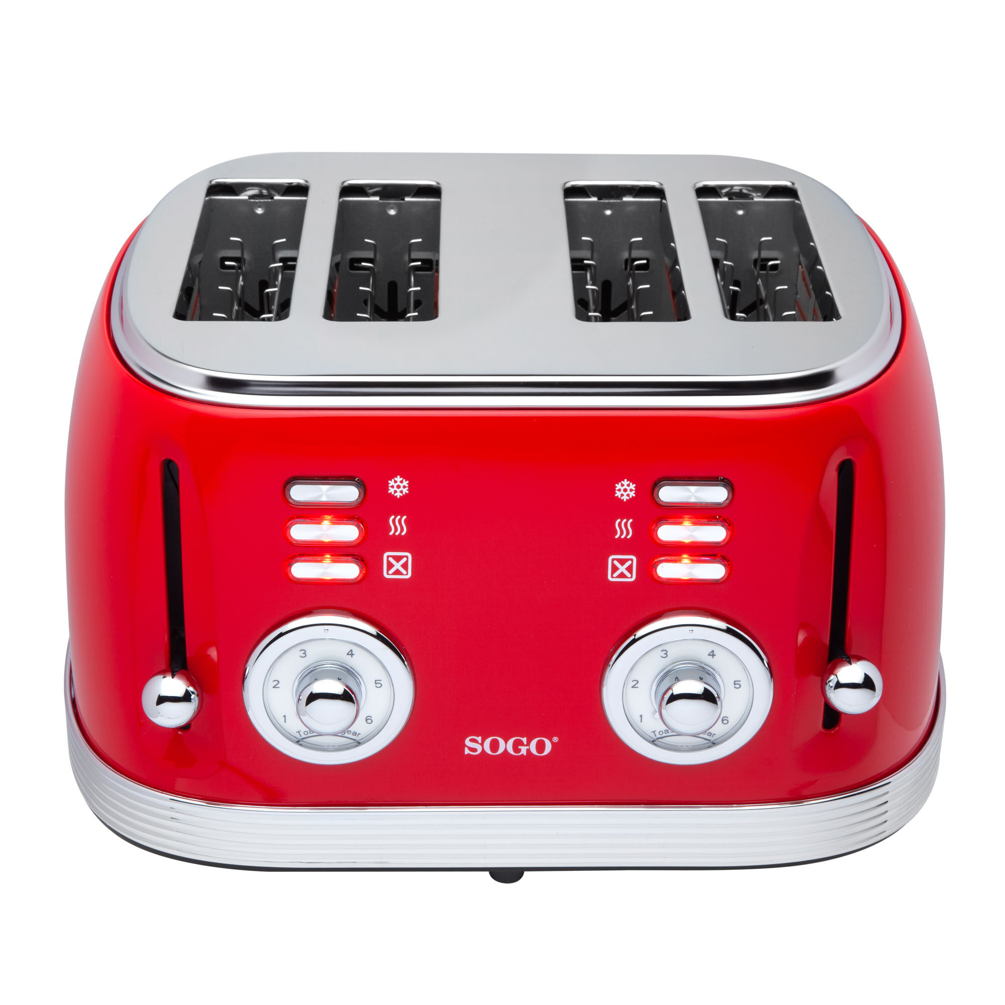Ein roter Sogo-Toaster mit vier Schlitzen und Chromdetails.