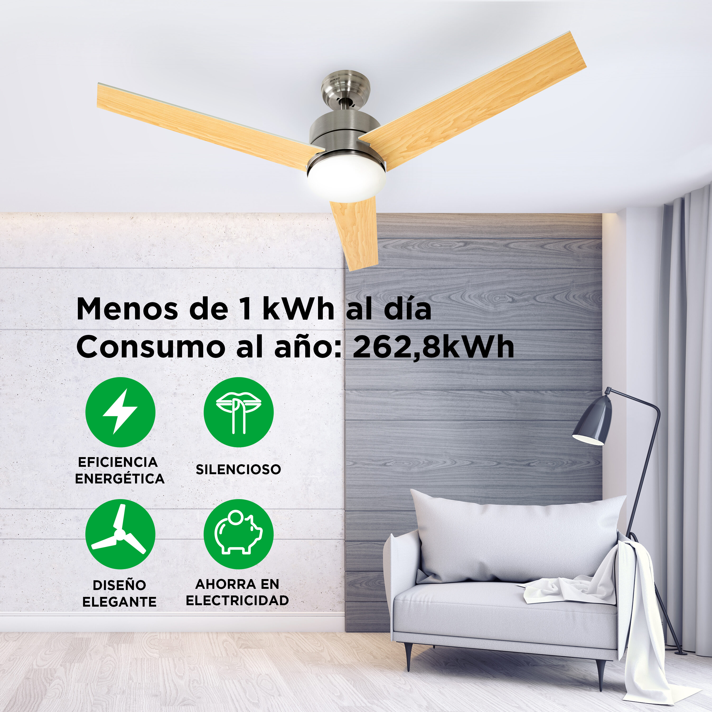 Ventilatore da soffitto moderno con pale in legno e luce in soggiorno.