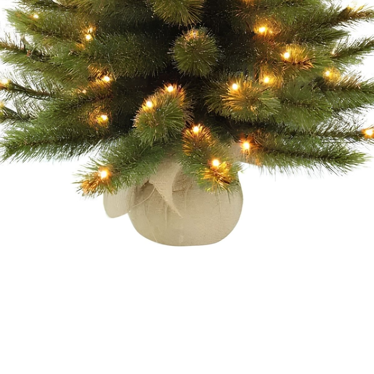 Close-up of a decorated Christmas tree with green needles and warm white lights.