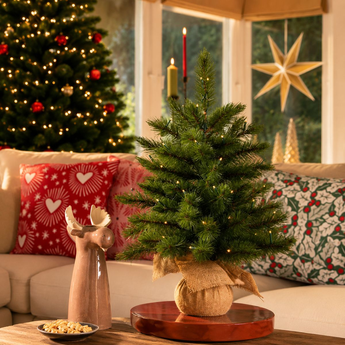 A small Christmas tree with lights sits on a table with a moose vase and nuts.