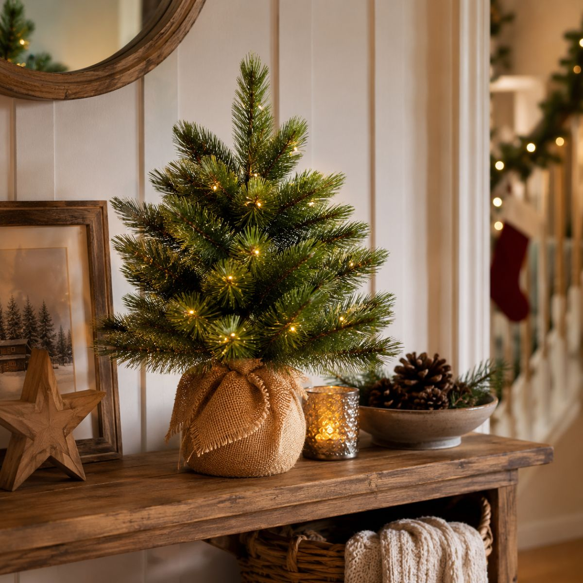 A small decorated pine tree with fairy lights on a wooden table, with pinecones and a candle.