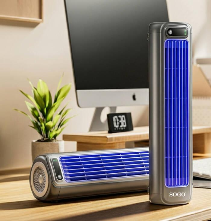 Dos elegantes ventiladores de torre plateados con rejillas iluminadas de azul sobre un escritorio de madera.