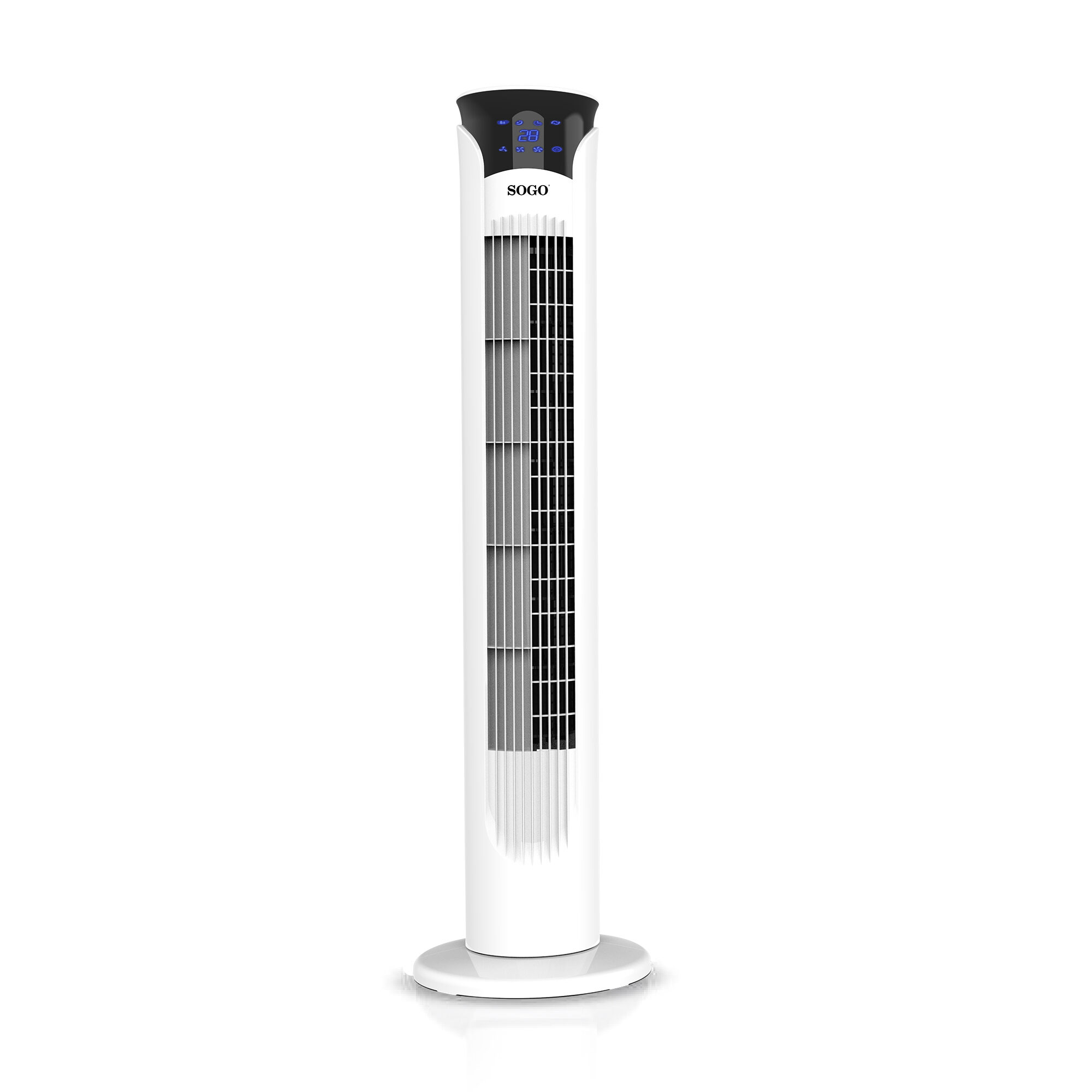 Una ventola a torre bianca con sezione superiore nera e display digitale blu.