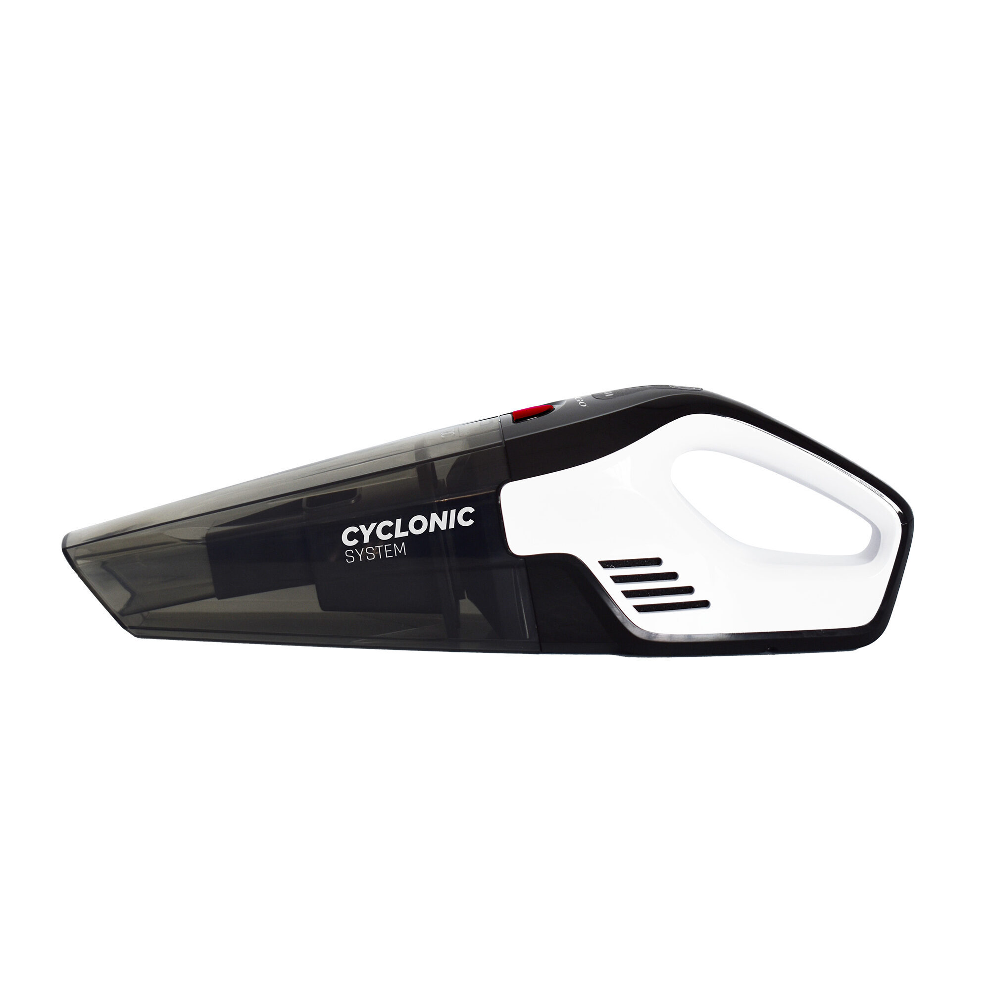 Aspirapolvere portatile bianco e nero con contenitore trasparente e pulsante rosso.