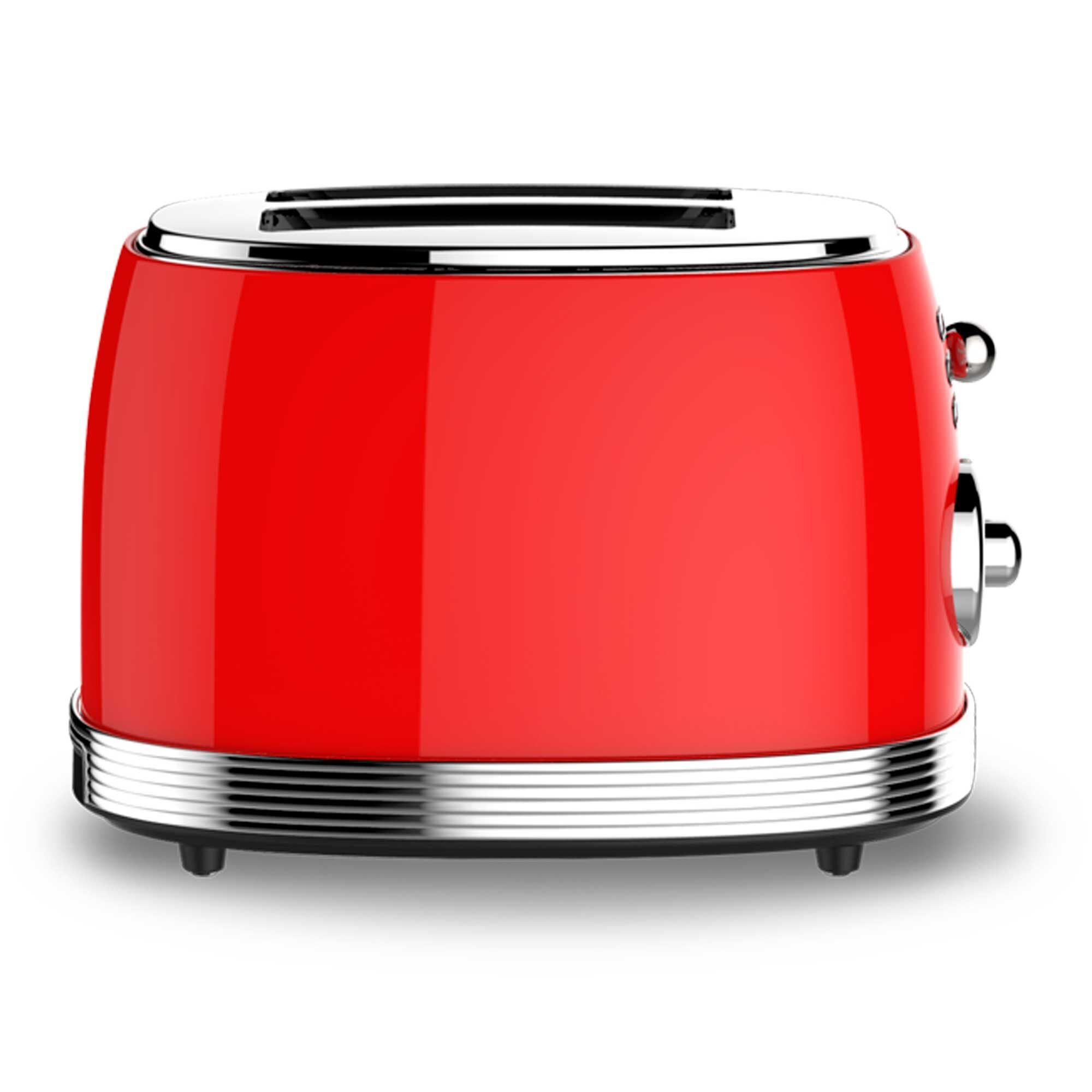 Ein roter Toaster mit Chromdetails und Schlitzen oben.