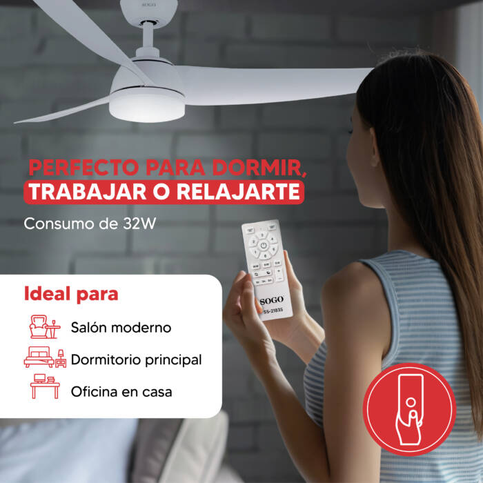 Una donna tiene un telecomando davanti a un ventilatore da soffitto bianco. Testo: Perfetto per dormire, lavorare o rilassarsi.