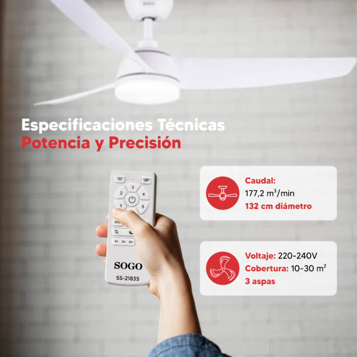 Ventilatore da soffitto bianco con telecomando e specifiche tecniche.