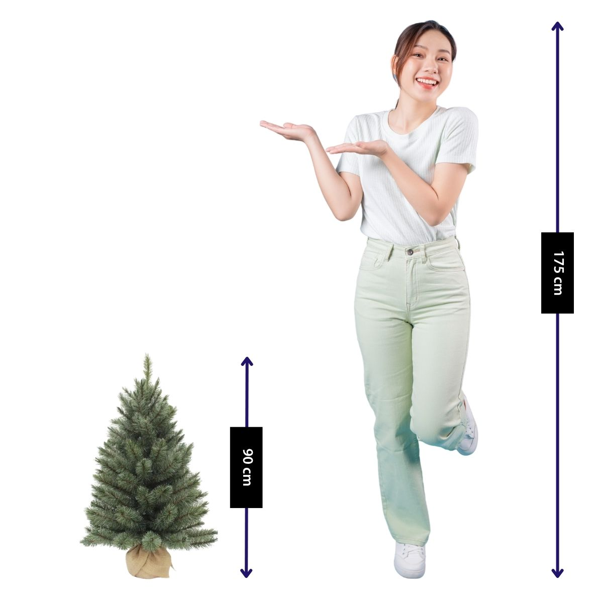 A woman, 175 cm tall, stands beside a 90 cm Christmas tree.
