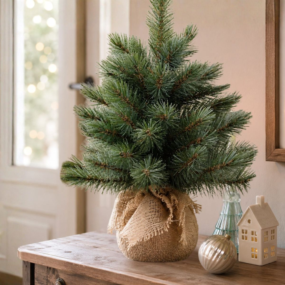 A small green pine tree in burlap sits on a wooden table with festive decor.