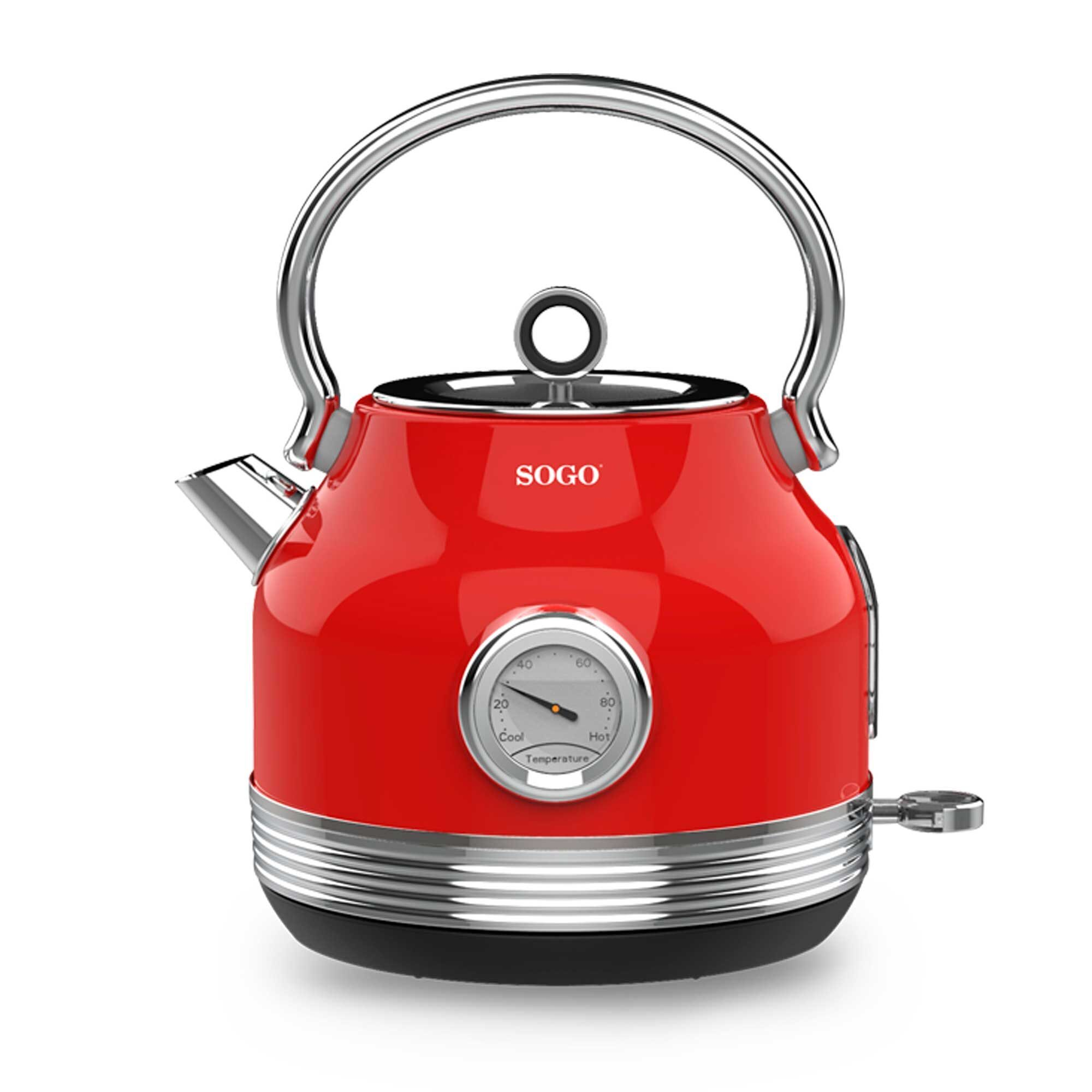 Una tetera roja SOGO con asa plateada y termómetro.
