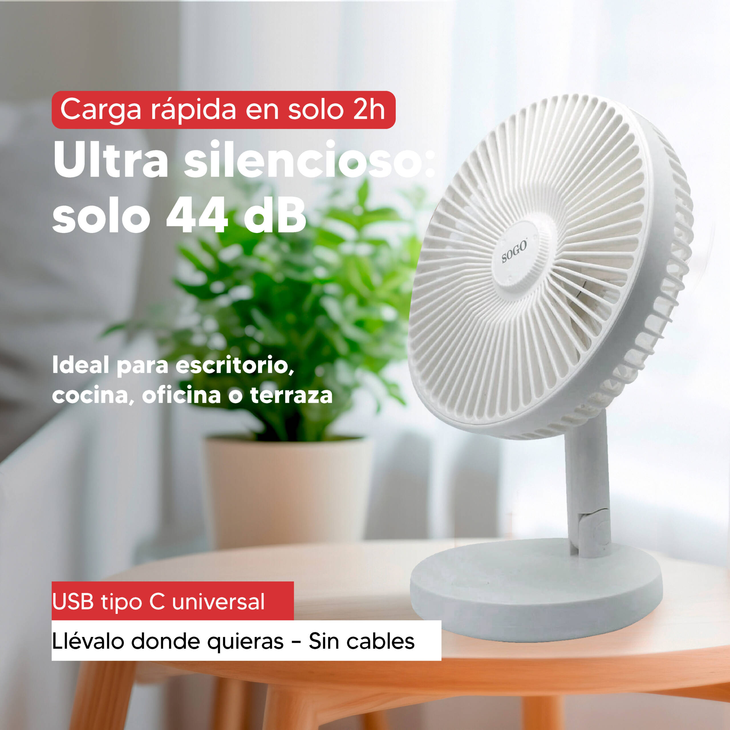 Un ventilatore da tavolo bianco SOGO con ricarica rapida, funzionamento silenzioso e USB-C.