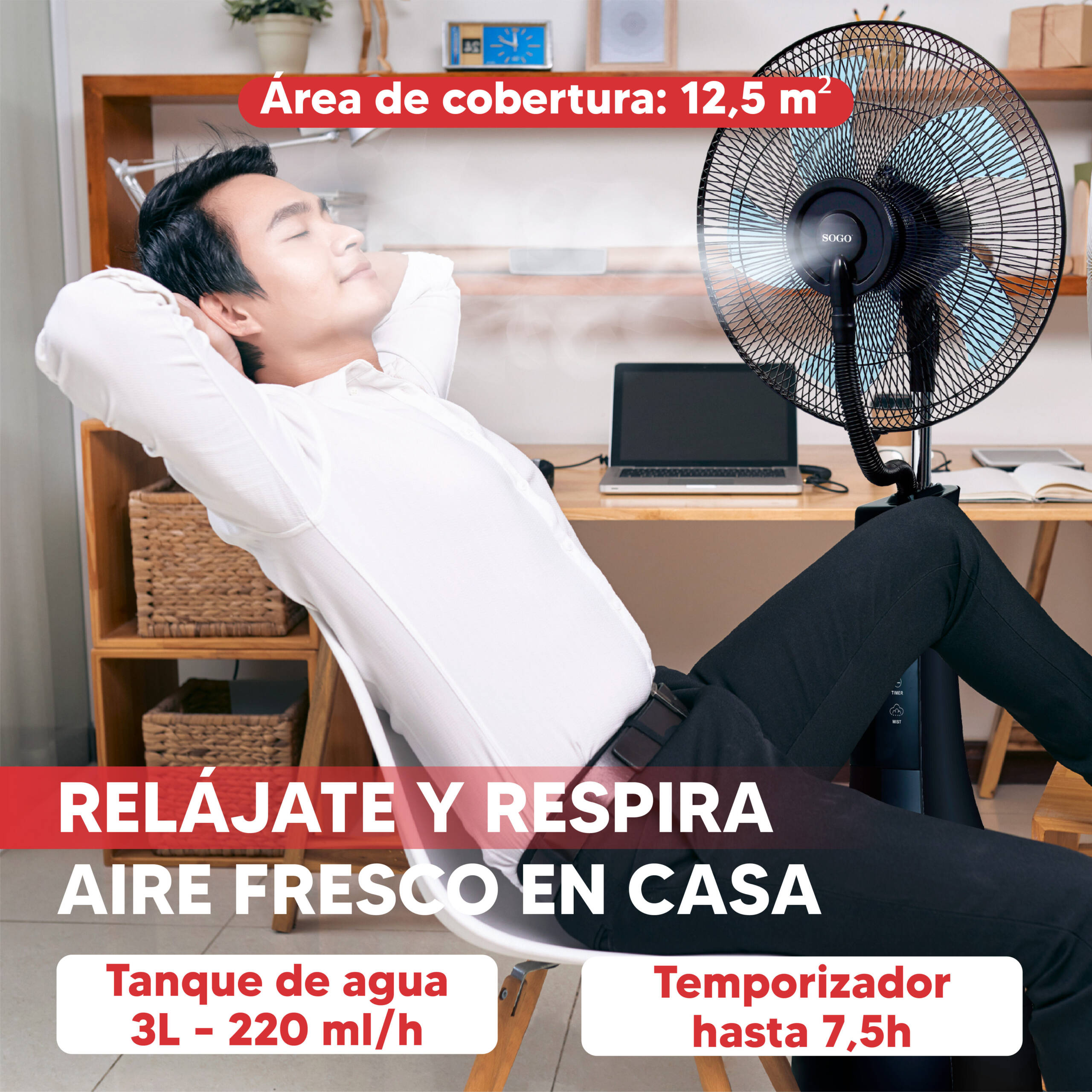 Uomo rilassato davanti a un ventilatore nebulizzatore. Copertura 12,5 m².