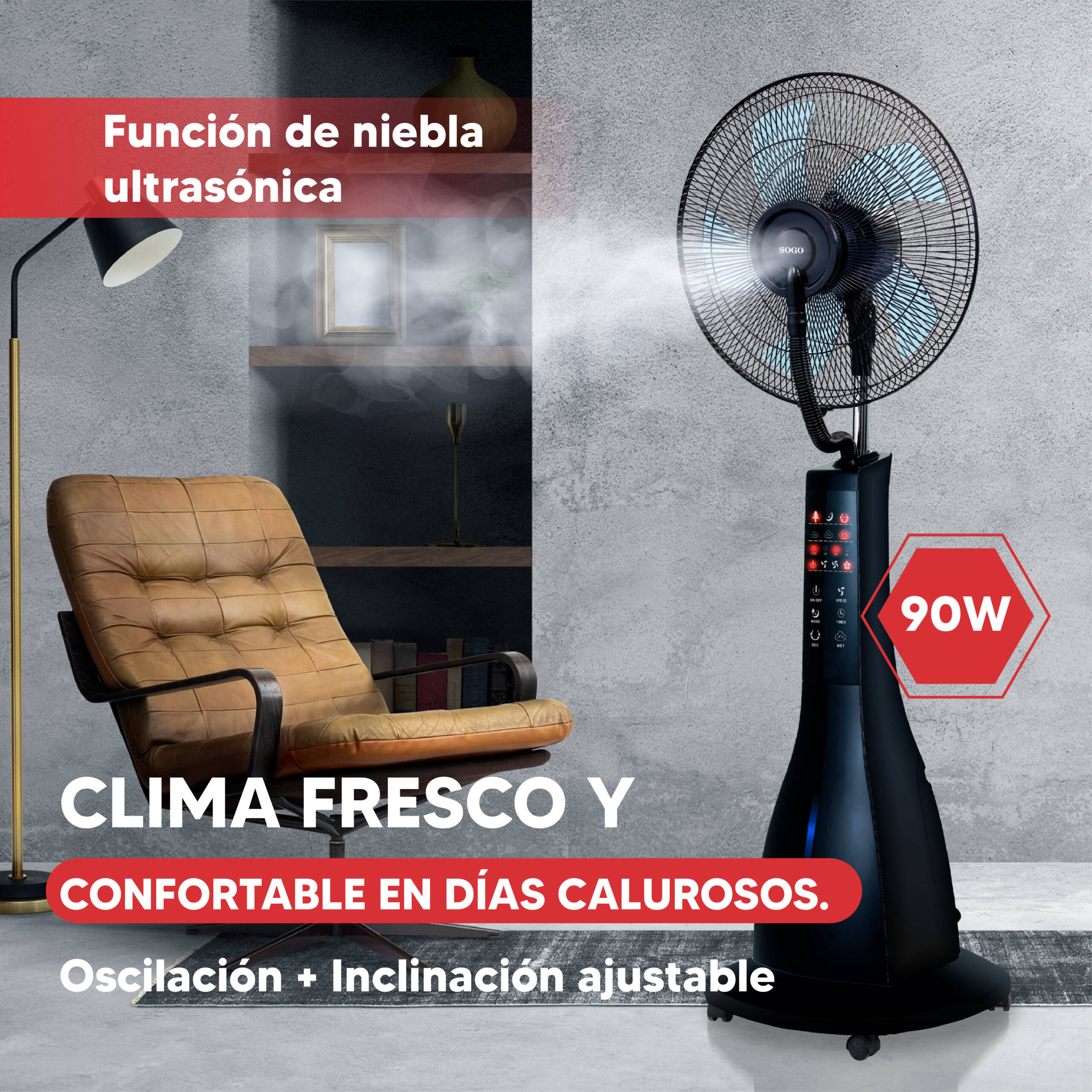 Un ventilatore nero nebulizzatore spruzza vapore in un soggiorno con sedia.