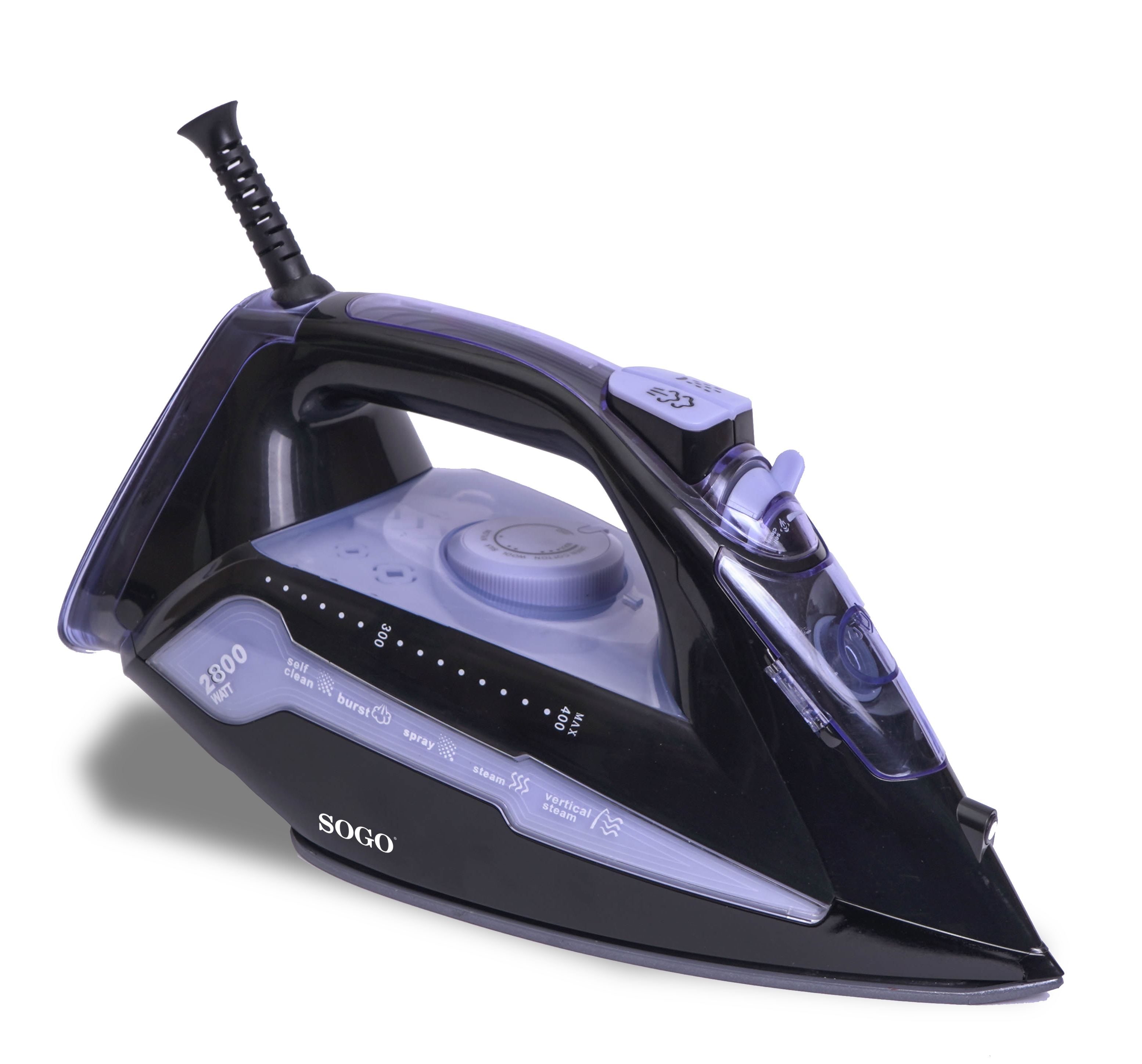 Ferro da stiro nero con accenti blu trasparenti, 2800 watt, su sfondo nero.