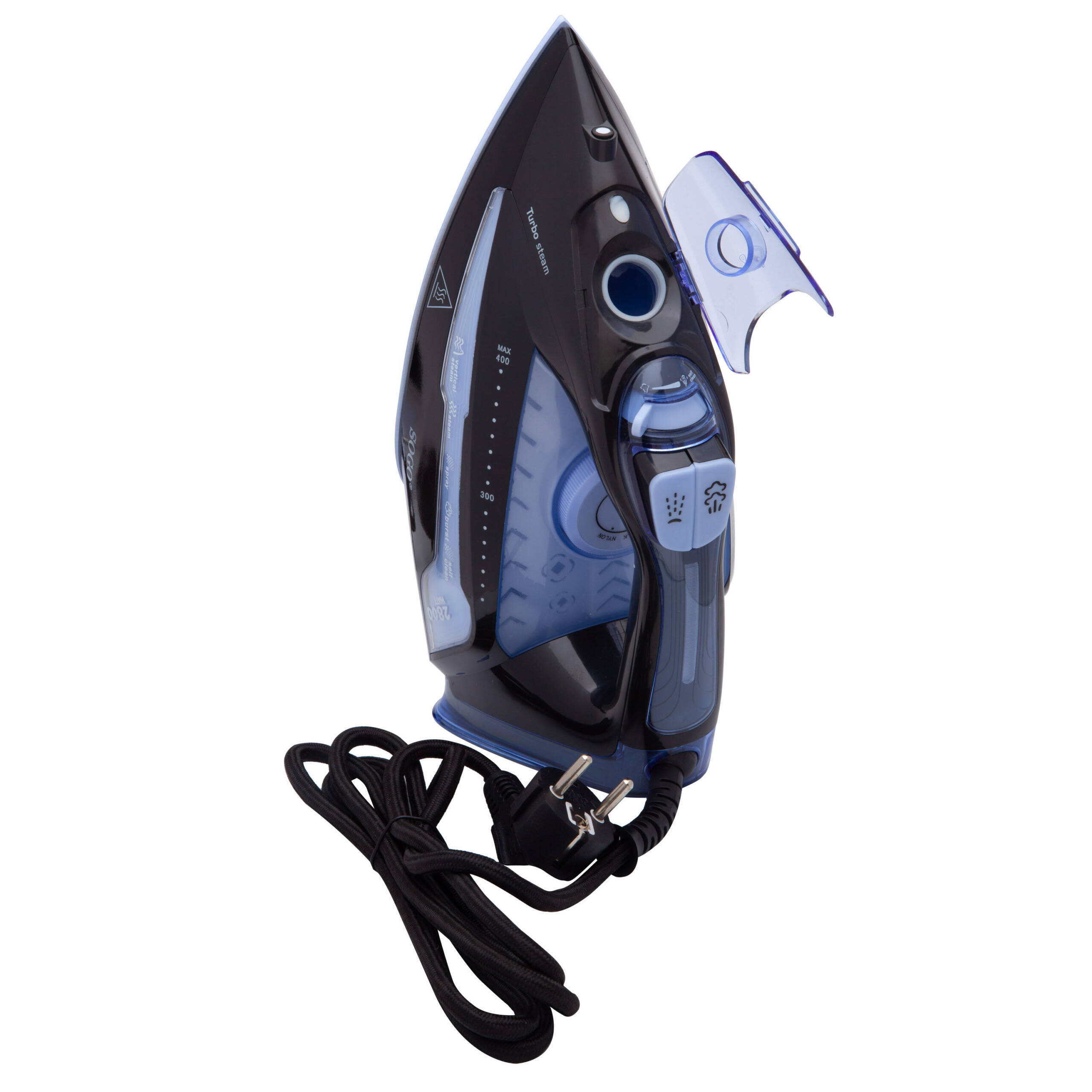 Ferro da stiro nero con serbatoio acqua blu e cavo nero.