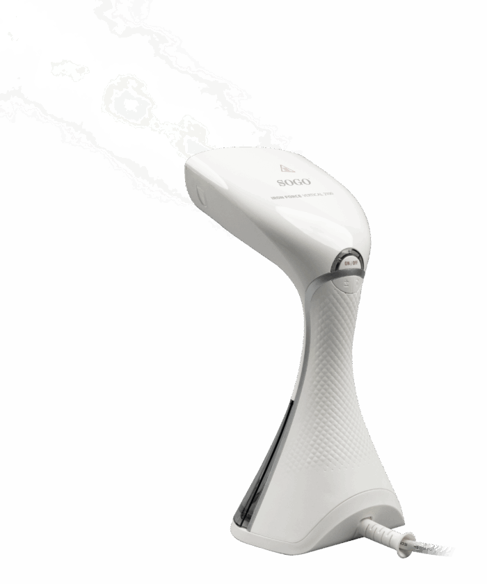 Un vaporizzatore portatile bianco con vapore che esce dall'ugello.