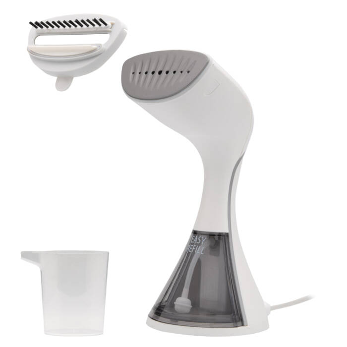 Un vaporizzatore bianco portatile con accessorio e misurino su sfondo bianco.