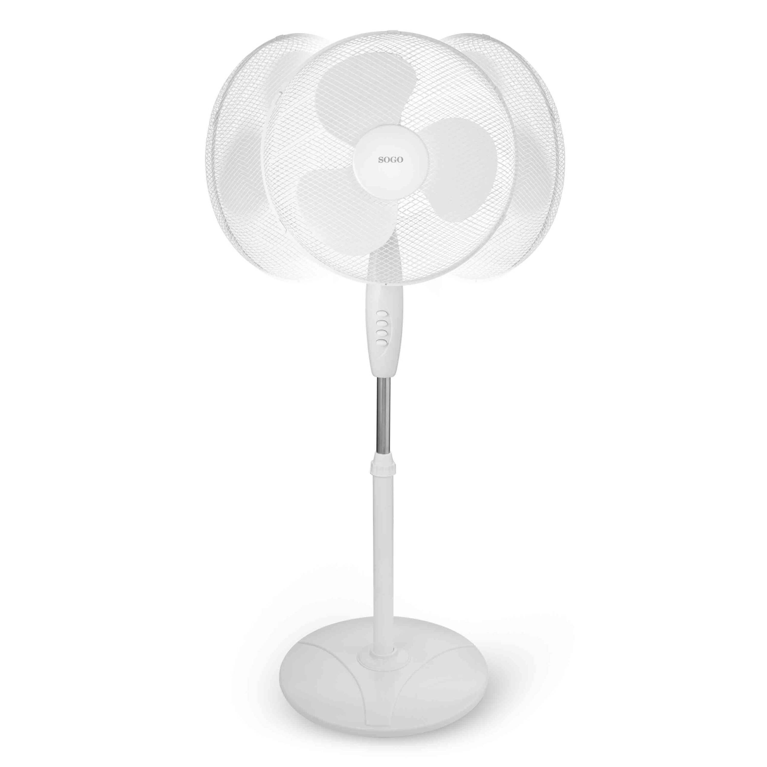 Un ventilador de pedestal blanco con tres aspas y base redonda.