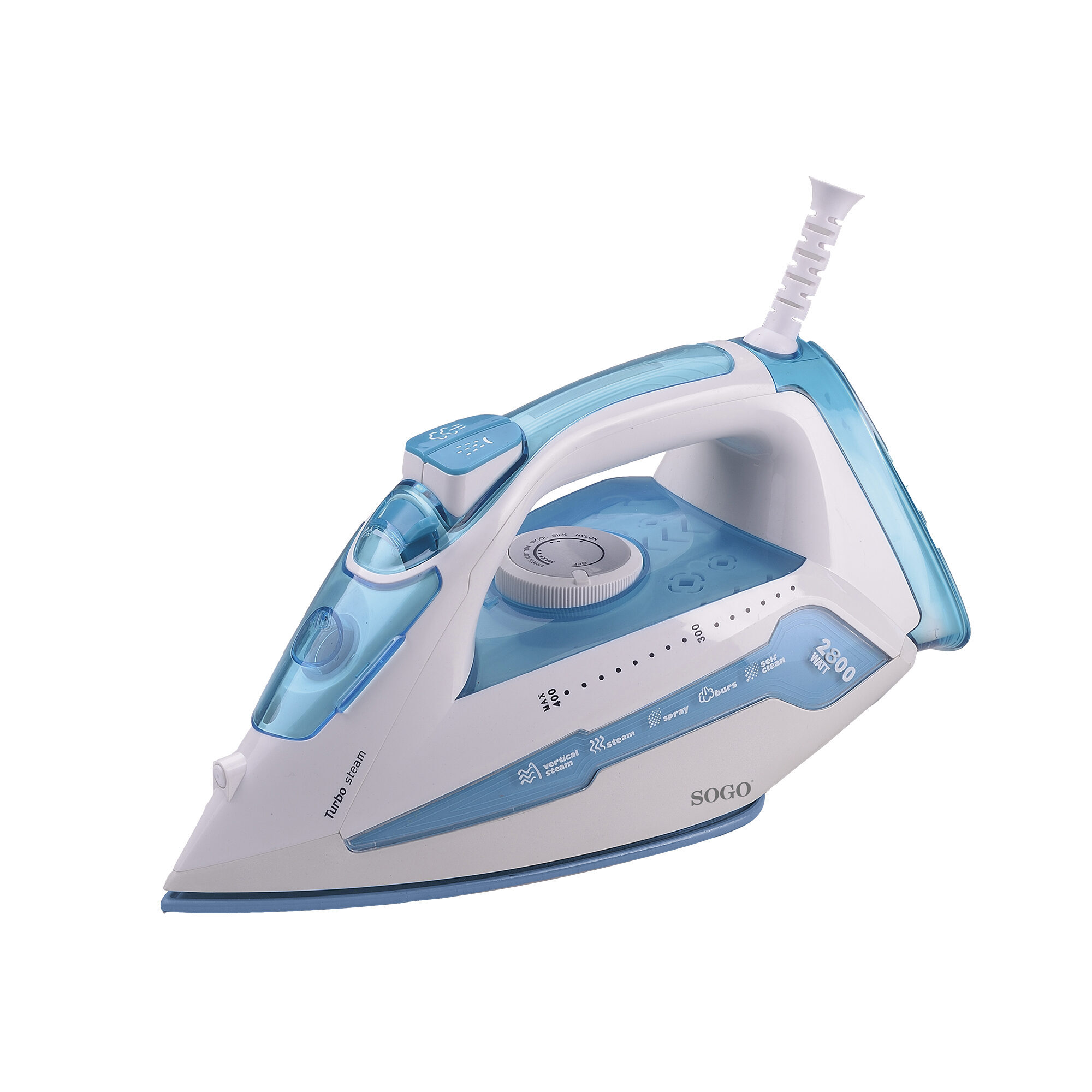 Un ferro da stiro a vapore bianco e blu da 2800 watt.