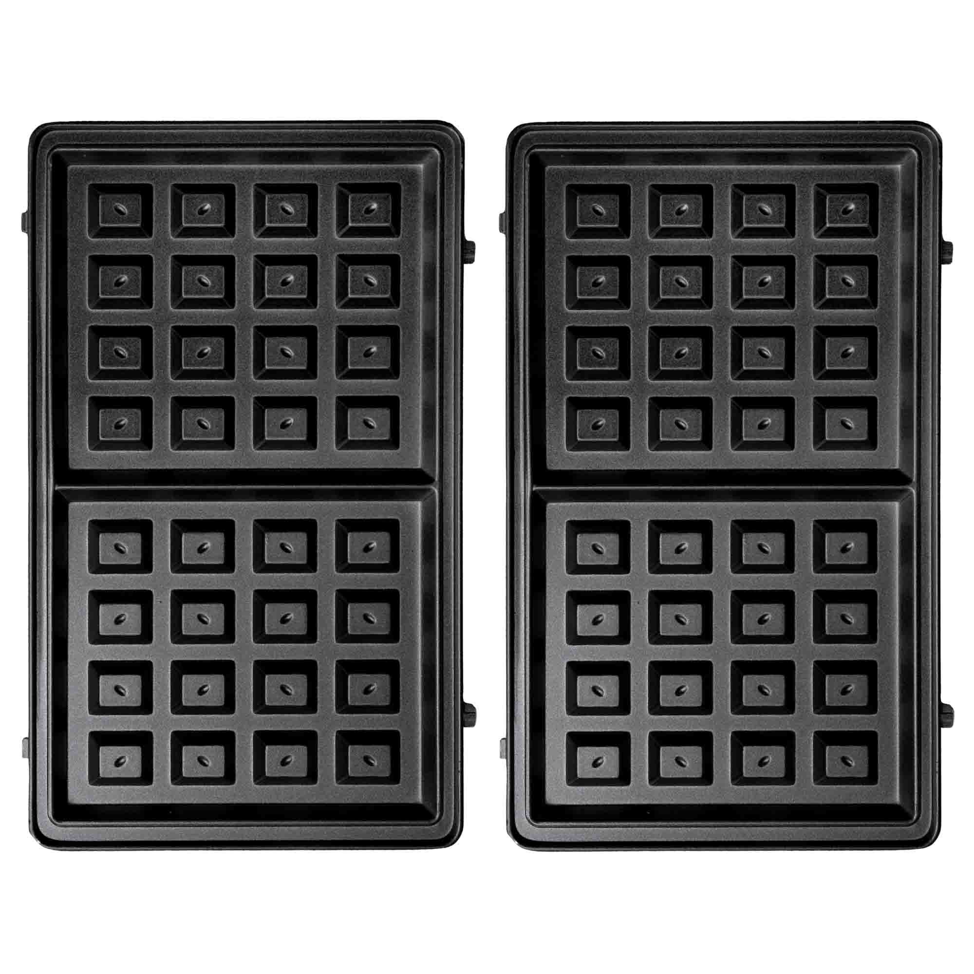 Due piastre per waffle nere con rientranze quadrate una accanto all'altra.