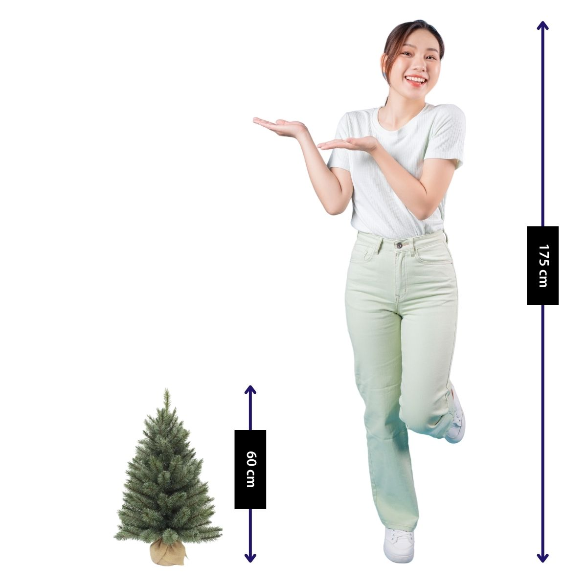 A woman stands next to a small Christmas tree. Her height is 175 cm.