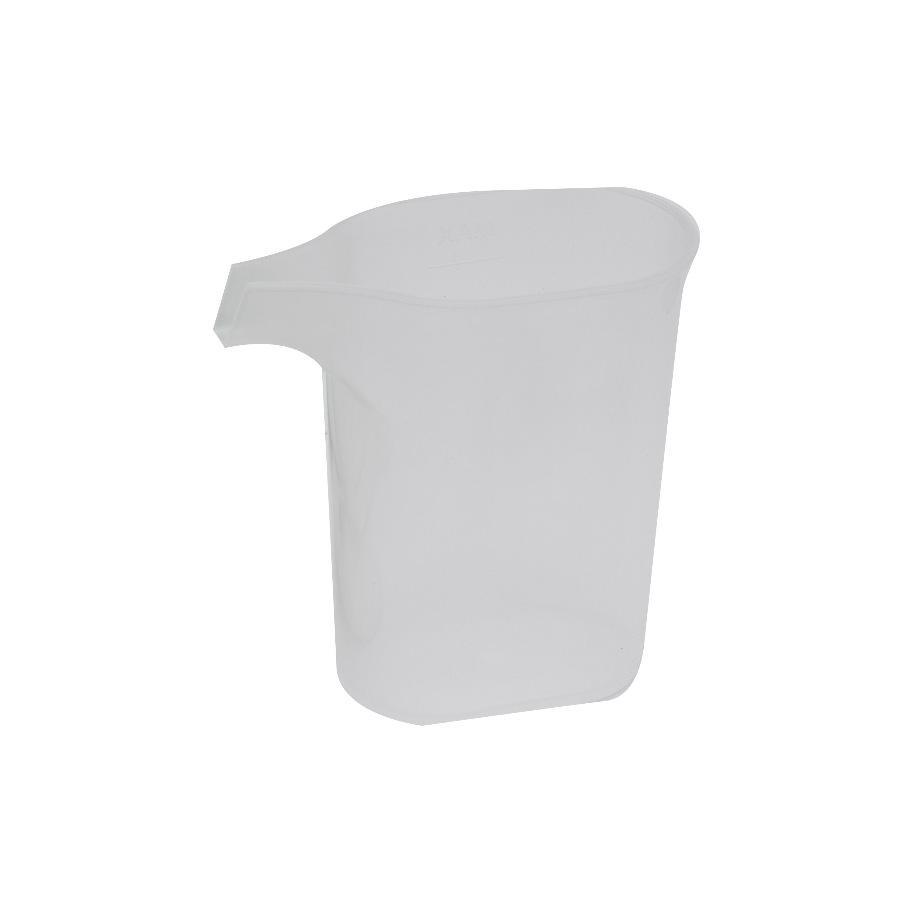 Un misurino di plastica trasparente con manico.