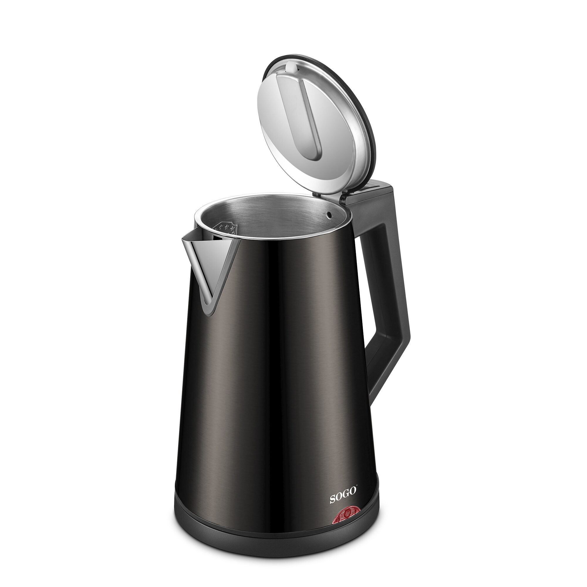 Bollitore elettrico nero con coperchio aperto, su sfondo bianco.