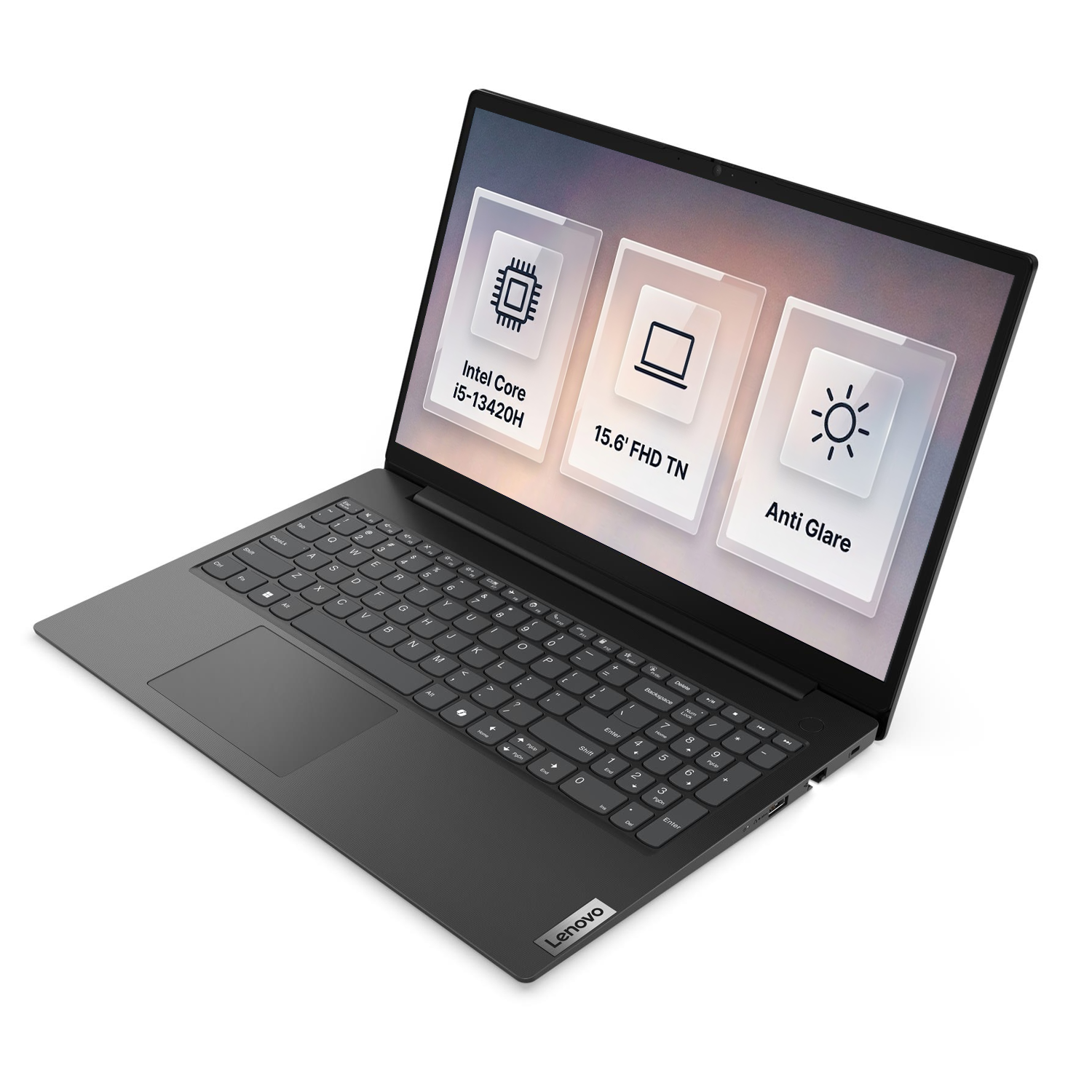 Intel Core i5 işlemcili ve 15,6 inç FHD TN yansıma önleyici ekrana sahip gri Lenovo dizüstü bilgisayar.