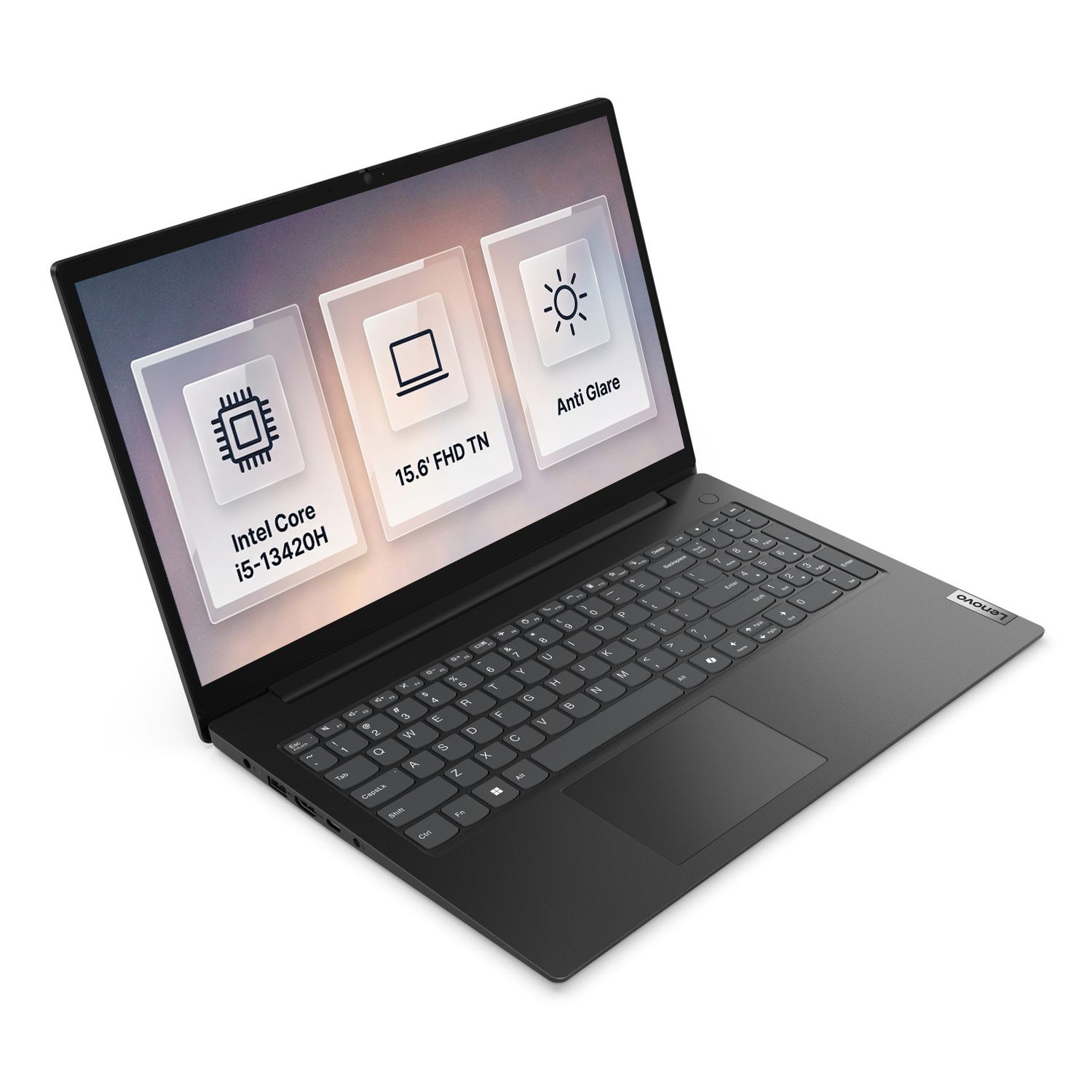 Intel Core i5-13420H işlemcili, 15,6 inç FHD TN Yansıma Önleyici ekranlı siyah dizüstü.
